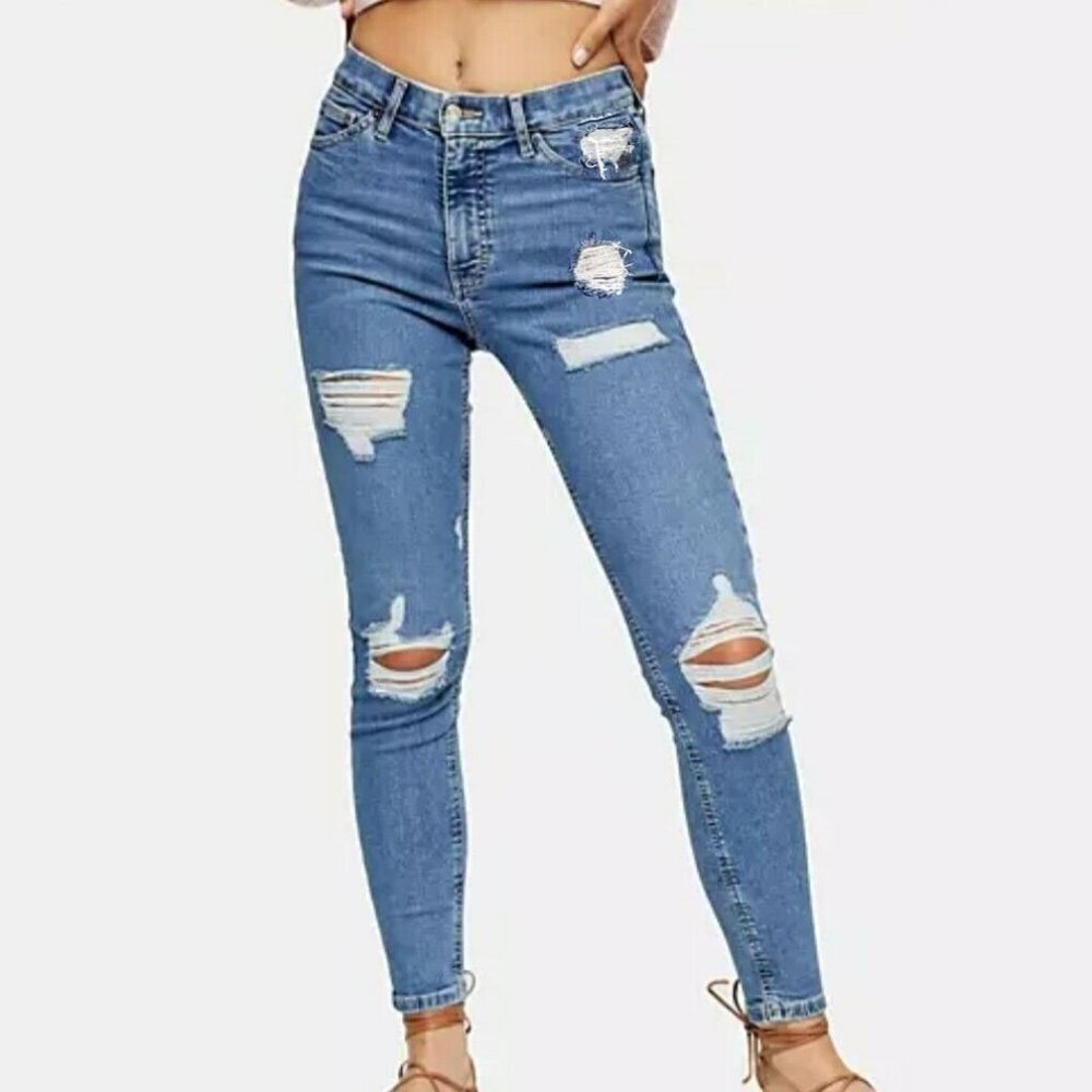 2/$30 Topshop Moto Jamie High Rise Extreme-Rip Skinny Mid Denim Tint W26 #9292